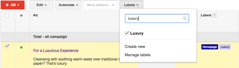 applying labels to google adwords ad copy